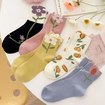 5 Пар Женских Весенне-осенних носков с 3D цветочным рисунком, высококачественные японские ретро розовые носки с цветочным рисунком, дышащие и удобные носки средней длины
