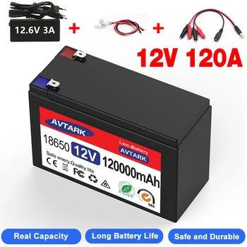 Батарея 12V 120Ah 18650 Литиевая Аккумуляторная батарея Аккумуляторная батарея для солнечной энергии Аккумулятор для электромобиля + зарядное устройство 12.6v3A