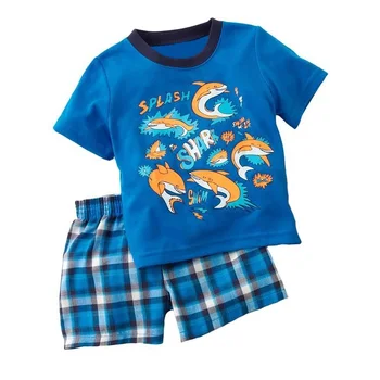 Детские спортивные костюмы, костюм для мальчиков, футболки, комплект с короткими штанами, 100% хлопок, летняя голубая рыба-акула, комплект детской одежды