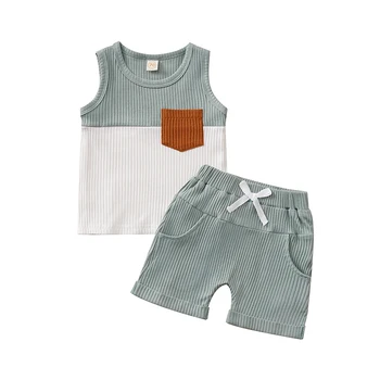 Летняя одежда для малышей из 2 предметов без рукавов контрастного цвета, топы в рубчик, шорты, комплект