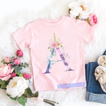 новая летняя стильная футболка для девочек, детская футболка с цветочным рисунком и буквенным принтом единорога, летняя футболка, костюм для девочек на день рождения, розовые топы